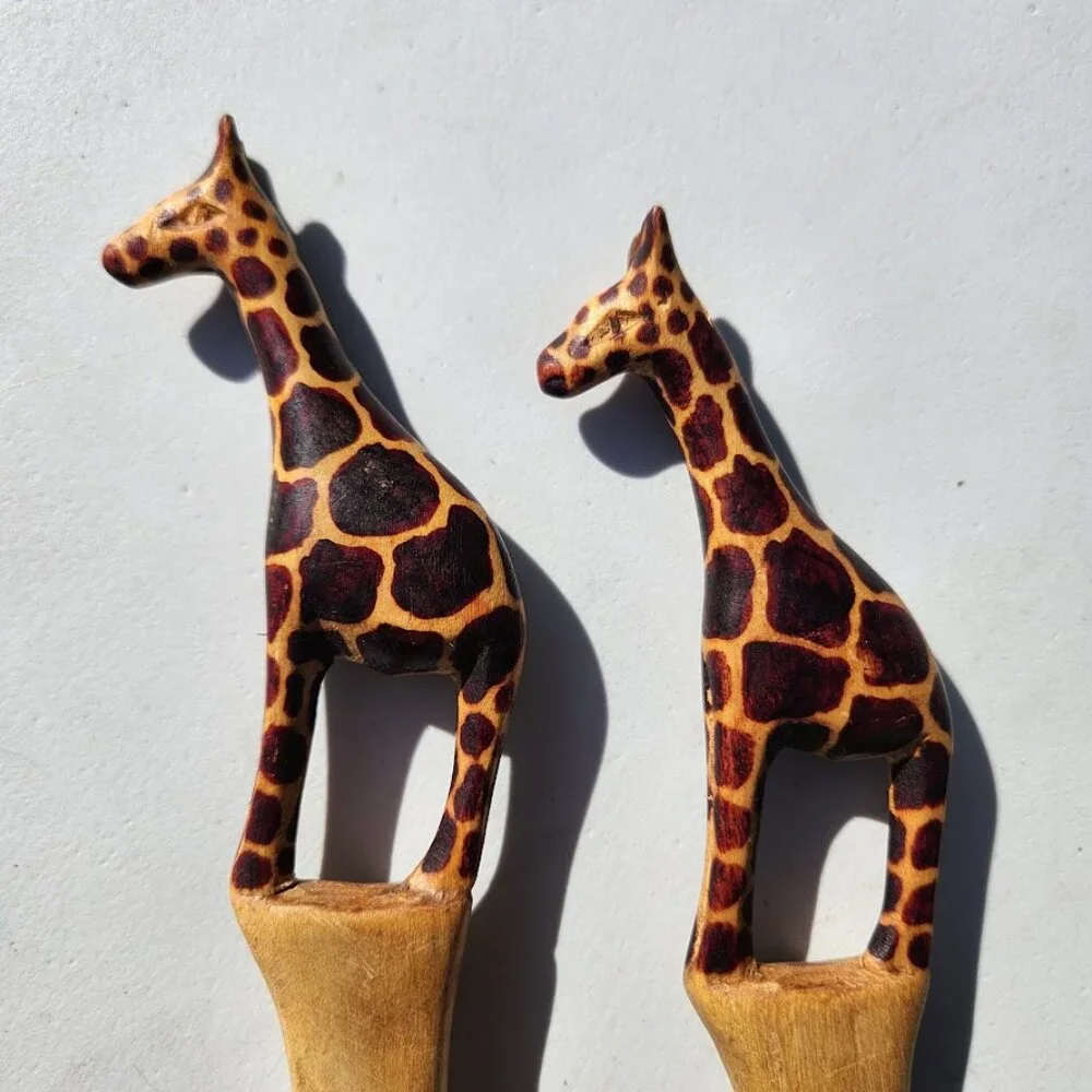 New Hand Carved Wood Giraffe Fork Spoon Serving Set Safari African Folk Art Sala